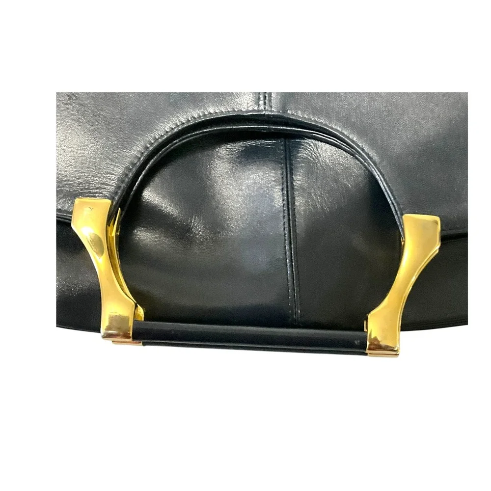 Vintage Style Black Leather Convertible Tote Oversized Clutch‎ Gold Hardware